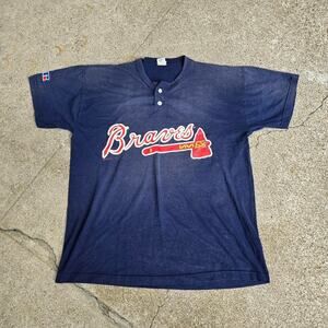 Vtg 90s RUSSELL ATHLETIC Atlanta Braves Logo MLB Baseball Button Up Tee Shirt Lg